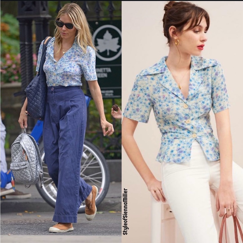 New Rouje Paris Jose Peplum Silk 36 Light Blue Floral Button-Down Shirt